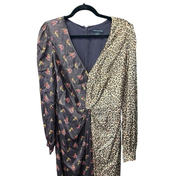 Something Navy Brown Leopard Floral Mixed Print Twist Wrap Dress M - Picture 4 of 14
